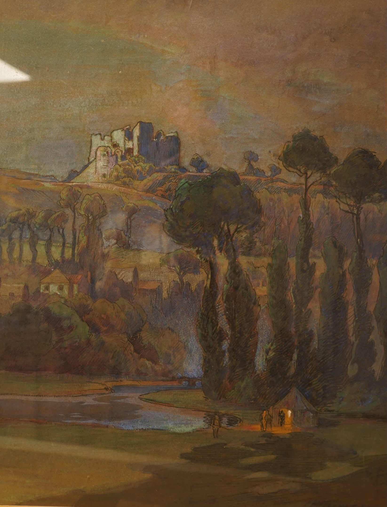 John William Schofield (1865-1944), a collection of six watercolours and pastels to include landscape with castle beyond, coastal views and street scene with cottages, most signed, together with an oval pastel portrait o